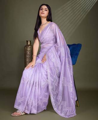 lavender embroidered net saree 4