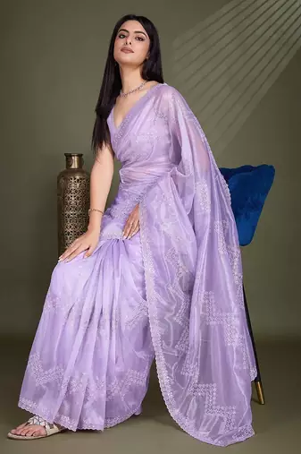 lavender embroidered net saree