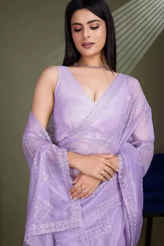 lavender embroidered net saree