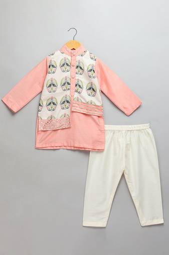 Peach printed cotton silk Men Kurta Set