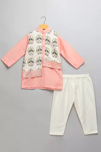 Peach printed cotton silk Men Kurta Set