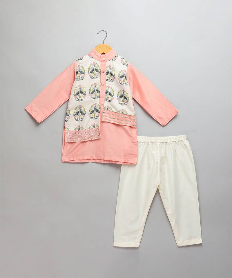 Peach printed cotton silk Men Kurta Set