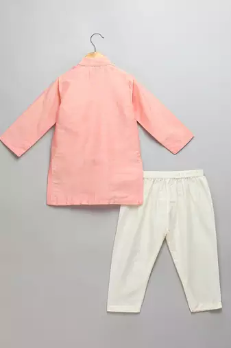 Peach printed cotton silk Men Kurta Set