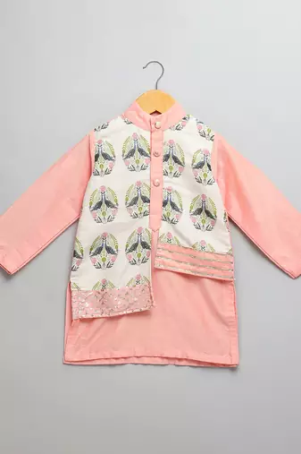 Peach printed cotton silk Men Kurta Set