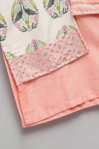 Peach printed cotton silk Men Kurta Set
