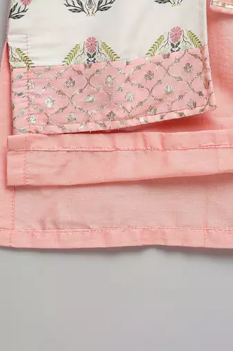 Peach printed cotton silk Men Kurta Set