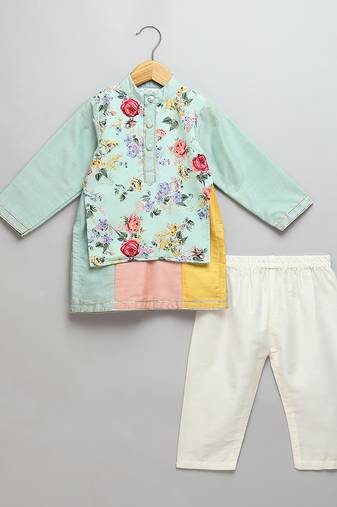 Mint green printed cotton silk Men Kurta Set