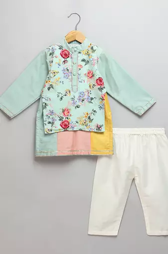 Mint green printed cotton silk Men Kurta Set