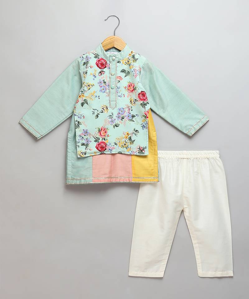 Mint green printed cotton silk Men Kurta Set