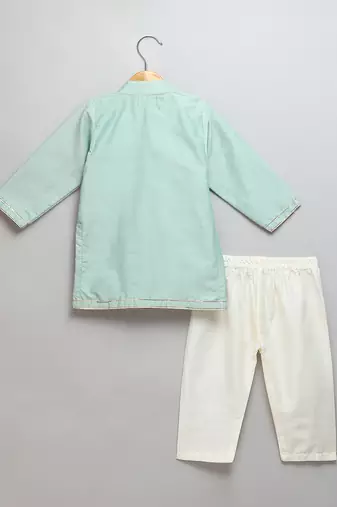 Mint green printed cotton silk Men Kurta Set