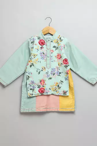 Mint green printed cotton silk Men Kurta Set