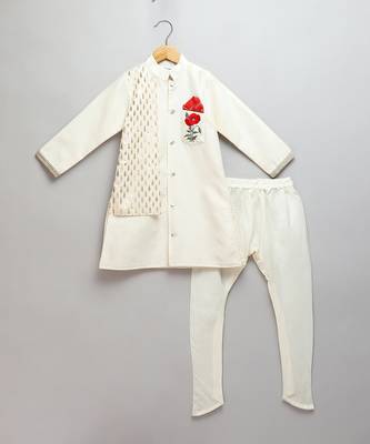 Ivory embroidered cotton silk Men Bandhgala and Pant 1