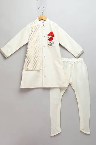 Ivory embroidered cotton silk Men Bandhgala and Pant