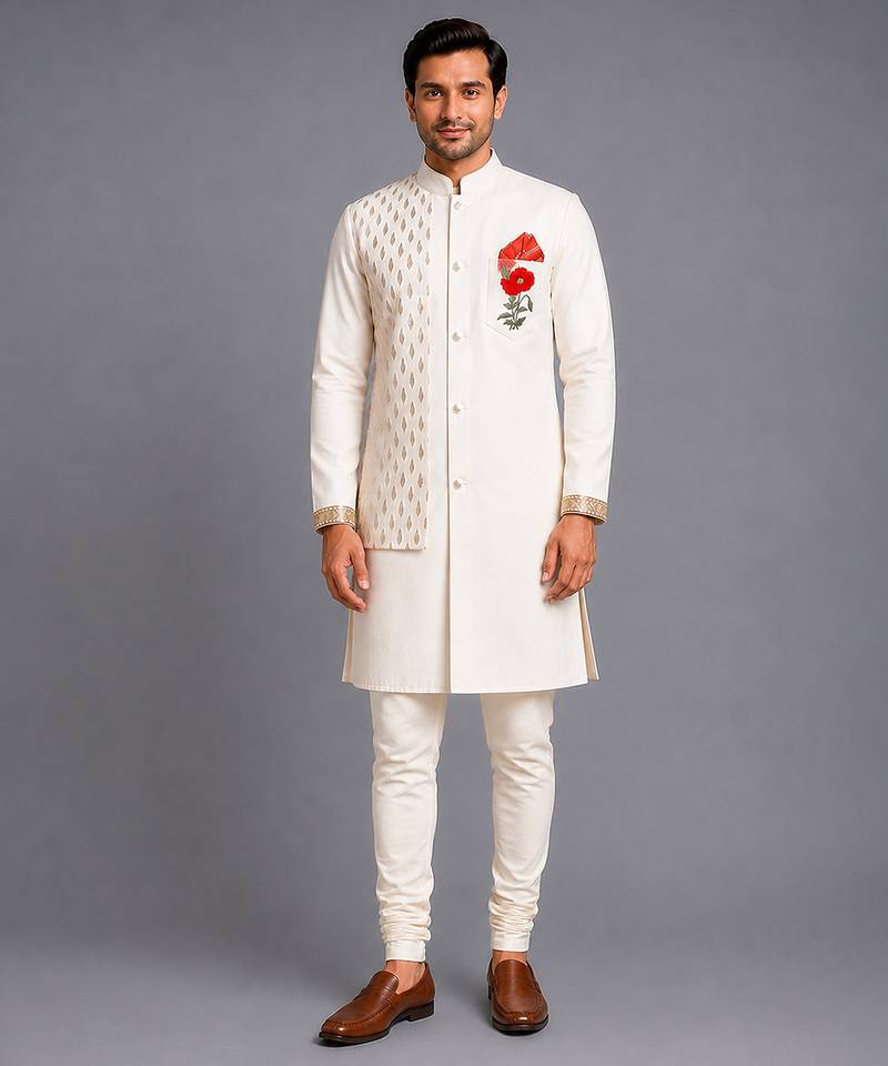 Ivory embroidered cotton silk Men Bandhgala and Pant