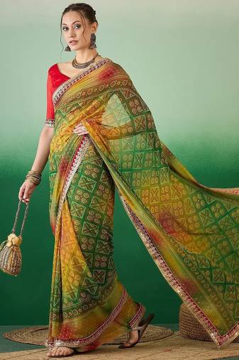 green bandhani embroidered pure georgette saree