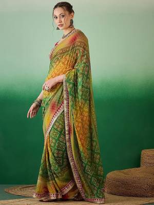 green bandhani embroidered pure georgette saree 2