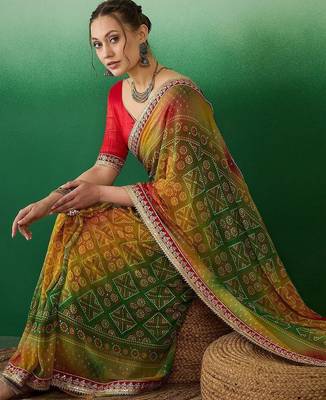 green bandhani embroidered pure georgette saree 4