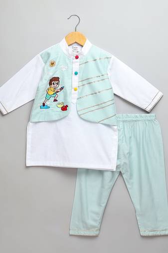 Ivory blue printed cotton Men Kurta Set