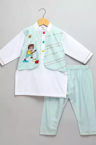 Ivory blue printed cotton Men Kurta Set