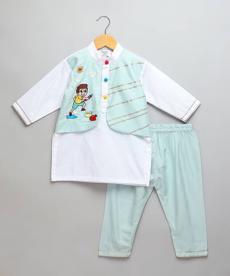 Ivory blue printed cotton Men Kurta Set