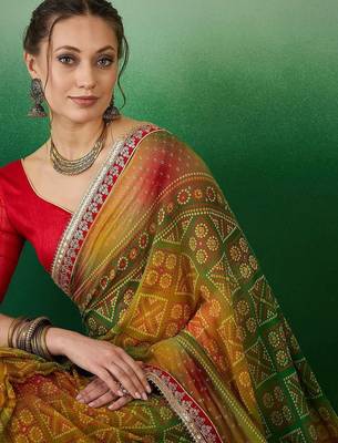 green bandhani embroidered pure georgette saree 5