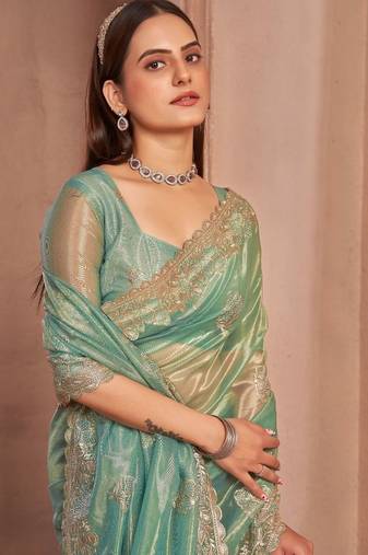 green embellished embroidered organza saree