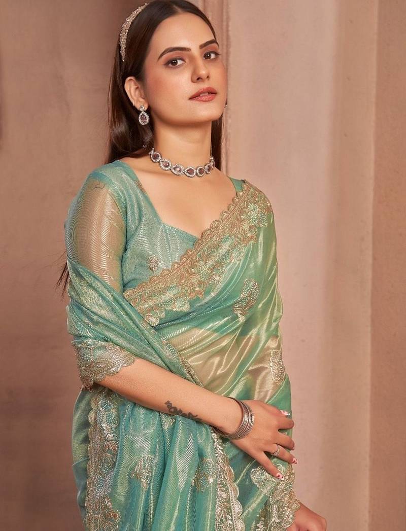 green embellished embroidered organza saree