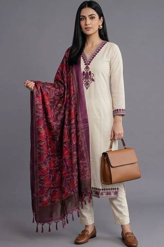 women ethnic motifs embroidered regular thread work kurta with trousers & with dupatta