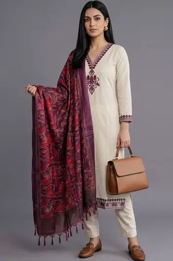 women ethnic motifs embroidered regular thread work kurta with trousers & with dupatta