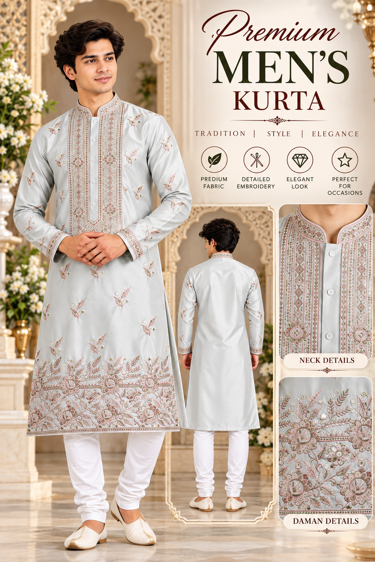 Ornate floral grey kurta set