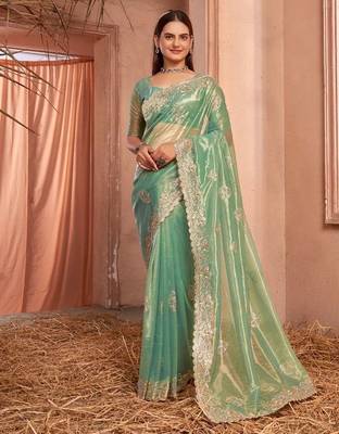 green embellished embroidered organza saree 2