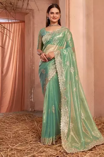 green embellished embroidered organza saree