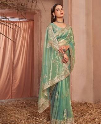 green embellished embroidered organza saree 3