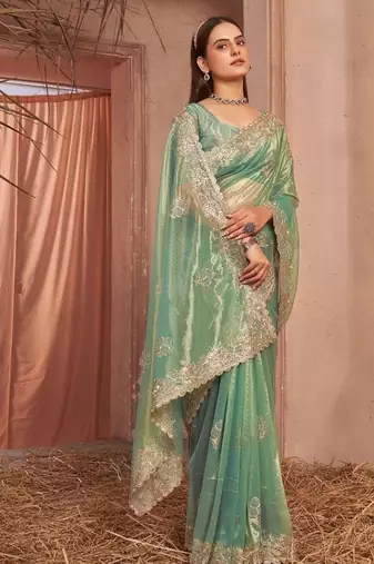 green embellished embroidered organza saree