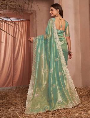 green embellished embroidered organza saree 4