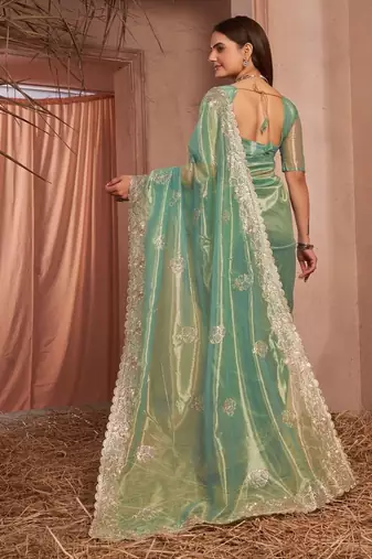 green embellished embroidered organza saree