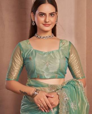 green embellished embroidered organza saree 5