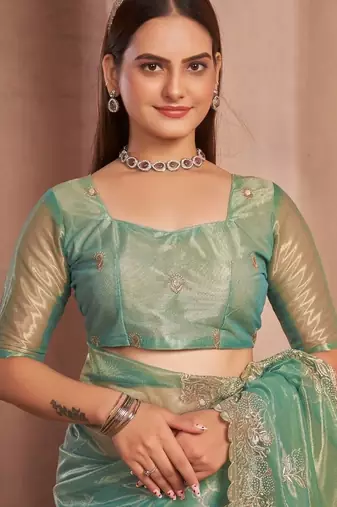 green embellished embroidered organza saree