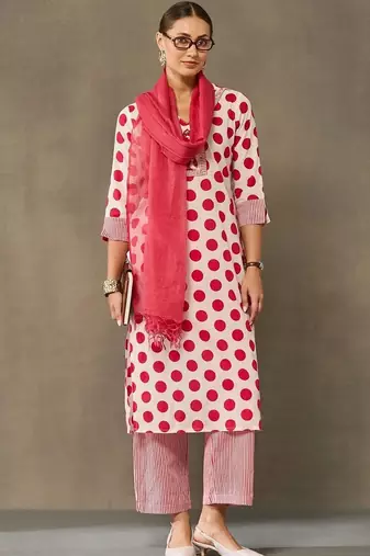 women printed regular cotton kurta with palazzos & with dupatta