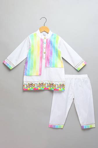 White multicolored printed cotton Men Kurta Set