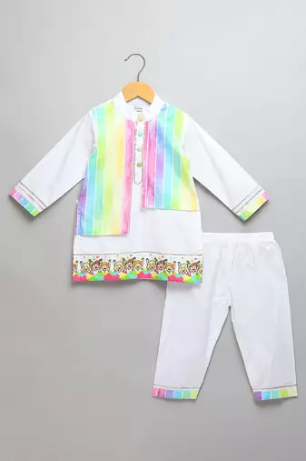 White multicolored printed cotton Men Kurta Set