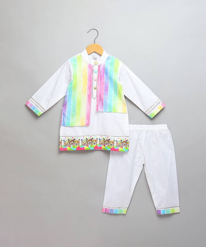 White multicolored printed cotton Men Kurta Set