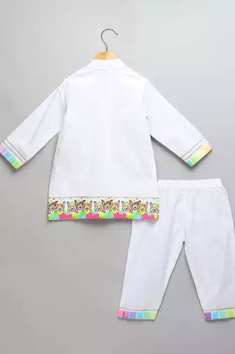 White multicolored printed cotton Men Kurta Set