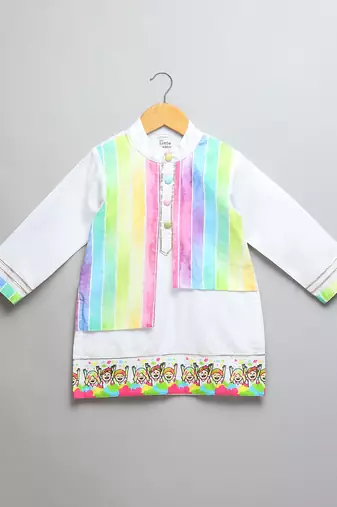 White multicolored printed cotton Men Kurta Set