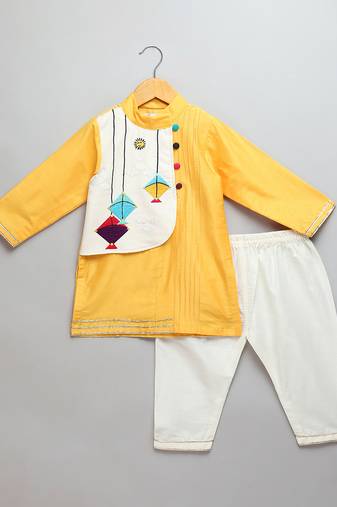 mustard yellow embroidered cotton silk men kurta set