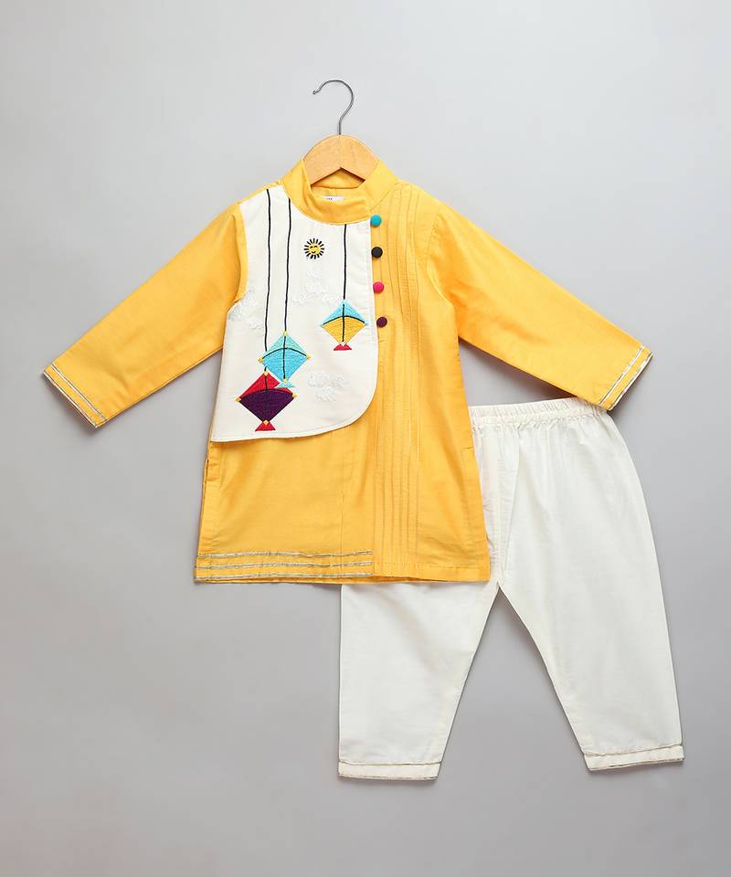 mustard yellow embroidered cotton silk men kurta set