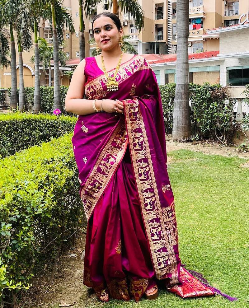 rose ethnic motif zari woven banarasi saree
