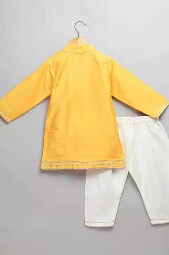 mustard yellow embroidered cotton silk men kurta set