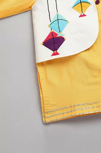 mustard yellow embroidered cotton silk men kurta set