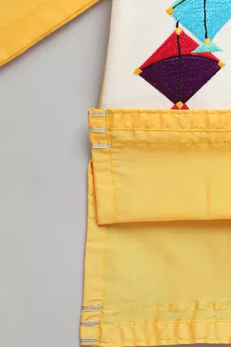 mustard yellow embroidered cotton silk men kurta set
